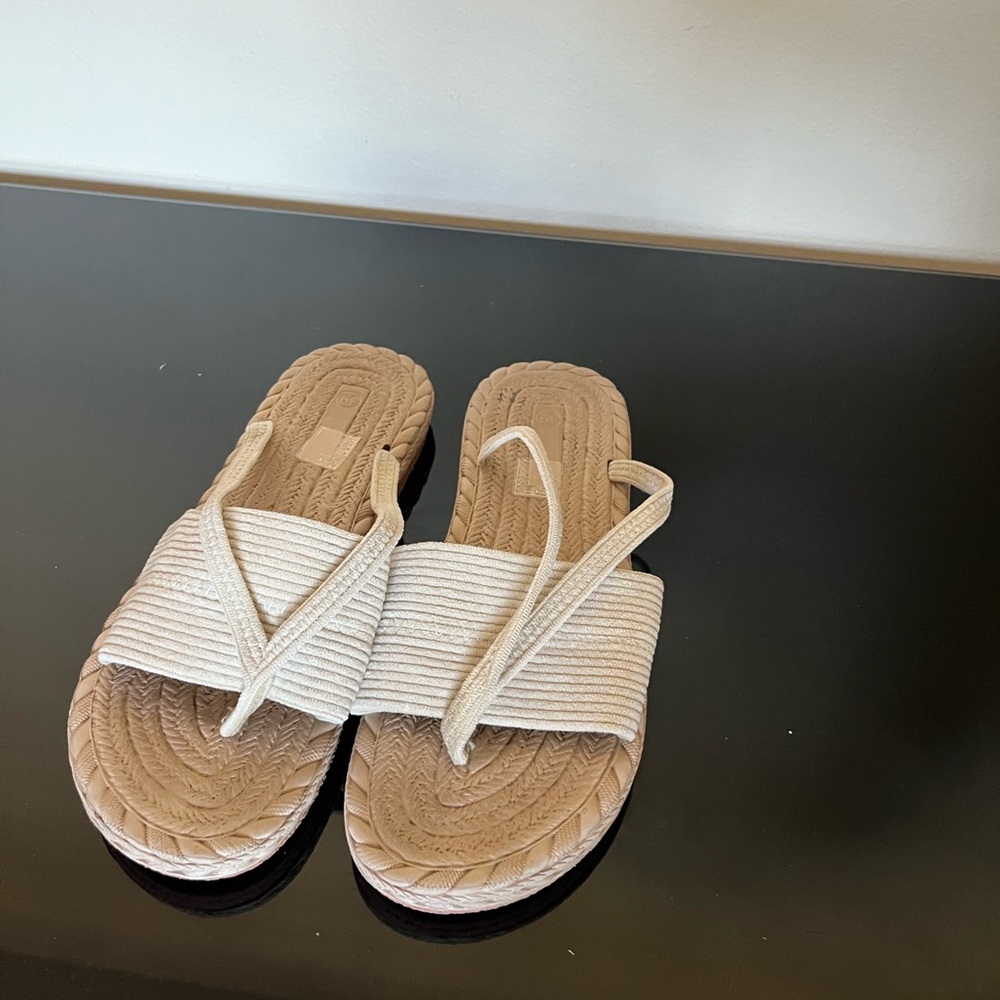Beige Woven Slide Sandals